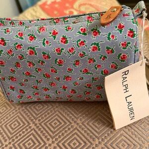 Ralph Lauren Light Blue Floral Cosmetic Pouch with Pink Roses